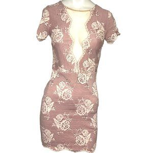 Storia Plunging Rose Print Short Sleeve Mini Dress Dusty Rose Size Small NWT